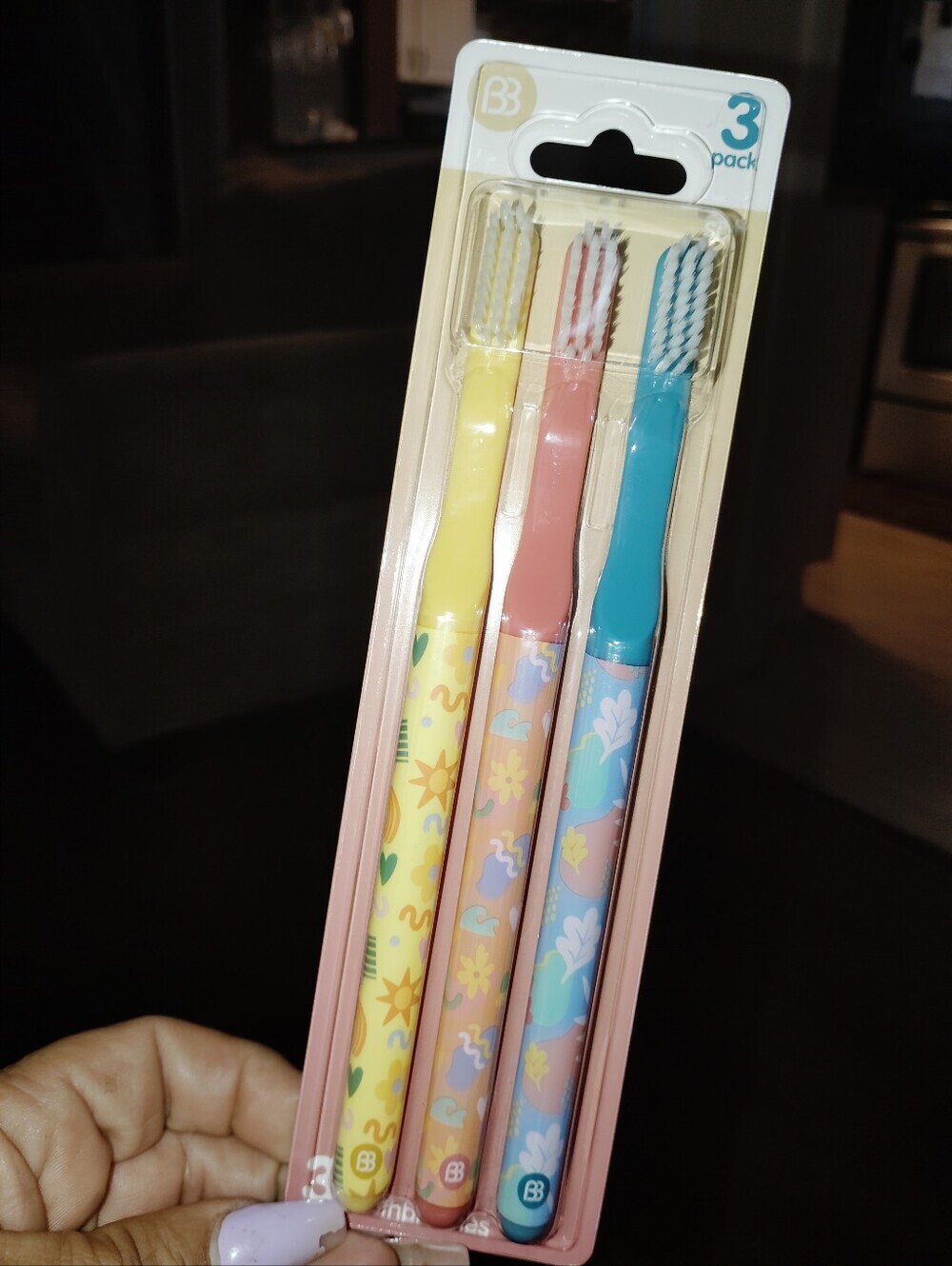 3-Pack Women's Floral Toothbrush Set - Yellow, Pink, Blue.New